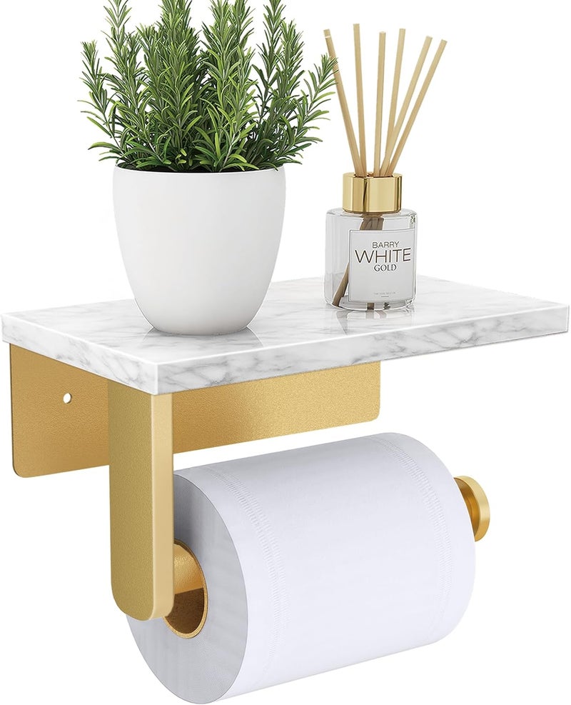 Gypie Brushed Gold Toilet Paper Holder with Natural Marble Shelf, 304 Stainless Steel Screw Wall Mounted, Tissue Roll Paper Holder Dispenser for Bathroom Washroom - Image 1